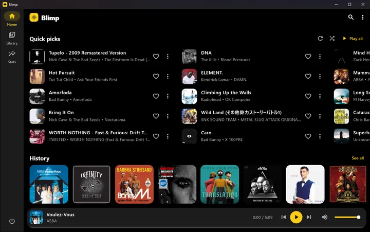 Blimp on Windows, showing Quick picks, recently played albums and the player bar