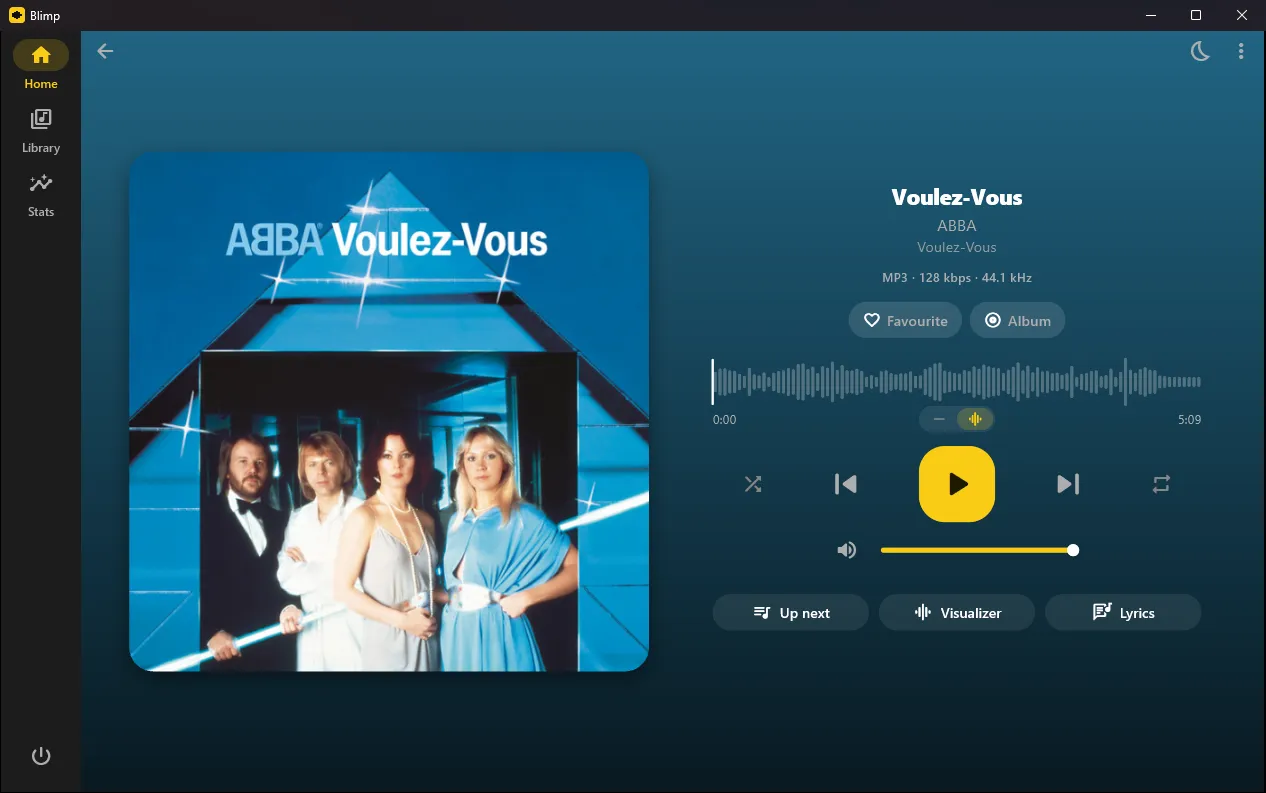 Blimp's now playing screen on Windows, with the album cover, waveform seek bar and controls